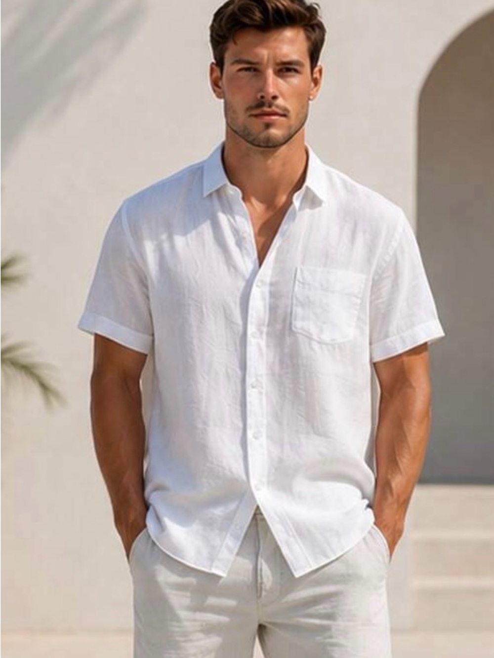 SHEIN White Short-Sleeve Button-Down Linen Look Shirt